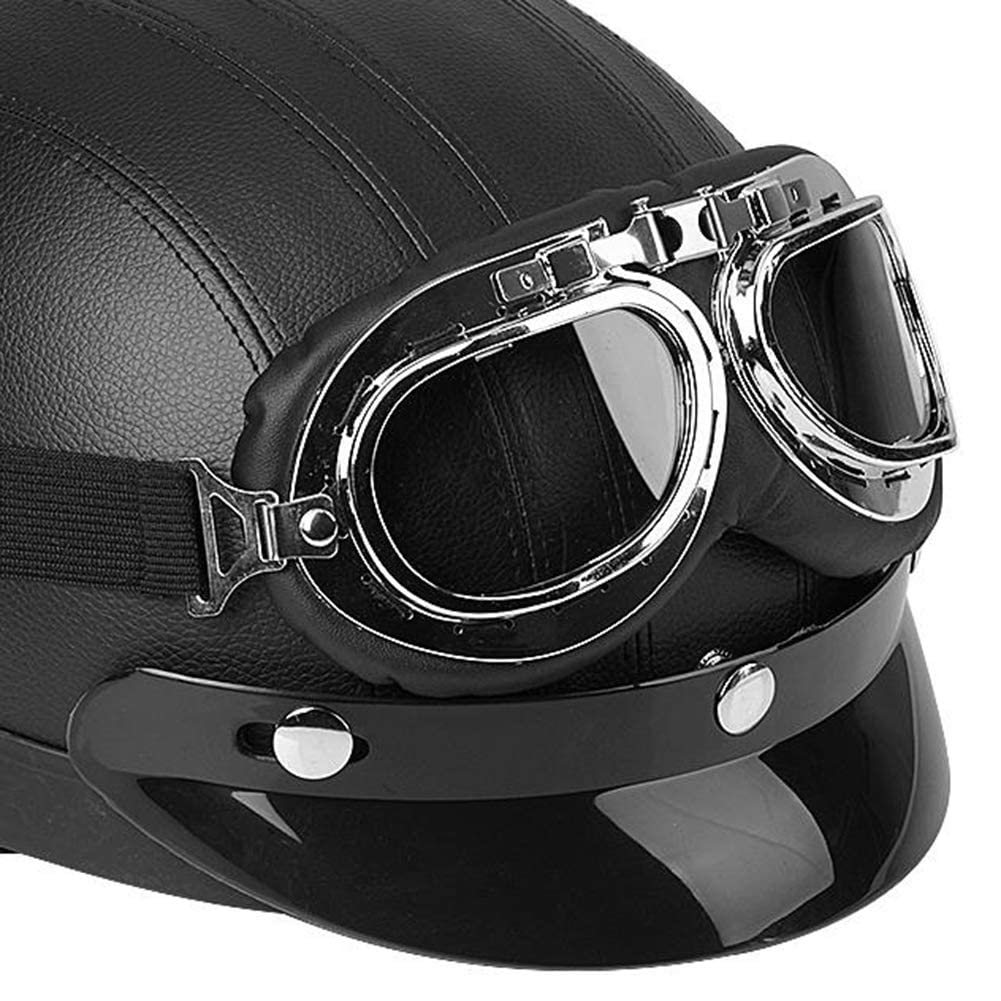 Casco Mezza Pelle per Scooter con Visiera e Occhiali, Nero, Faccia Aperta, Pelle Sintetica, Universale per Moto