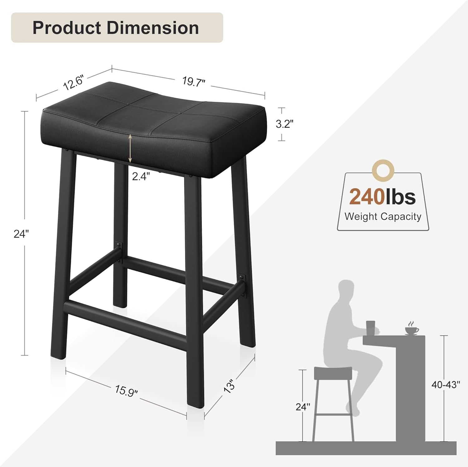 GAOMON Bar Stools Set of 2, 24" Counter Height Upholstered Padded Barstools with Curved Surface, Ergonomic Saddle Seat, Metal Leg and Footrest, for Kitchen Counter, Home Bar