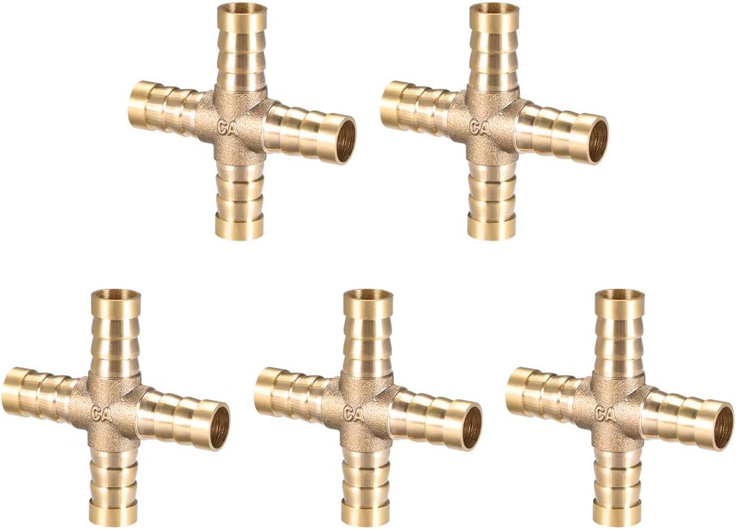 uxcell 10mm or 3/8" ID Brass Barb Splicer Fitting 4 Ways Brass Cross Barb Fitting Air Gas Water Fuel,5pcs