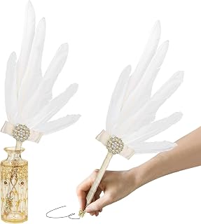 CROWN GUIDE Crystal Angel Wing Feather Pen Quills for Wedding Guest Book Signing Nikkah 1920s Great Gatsby Reception Accessories Bridal Shower Party Supplies Décor Centerpieces Table Decorations White