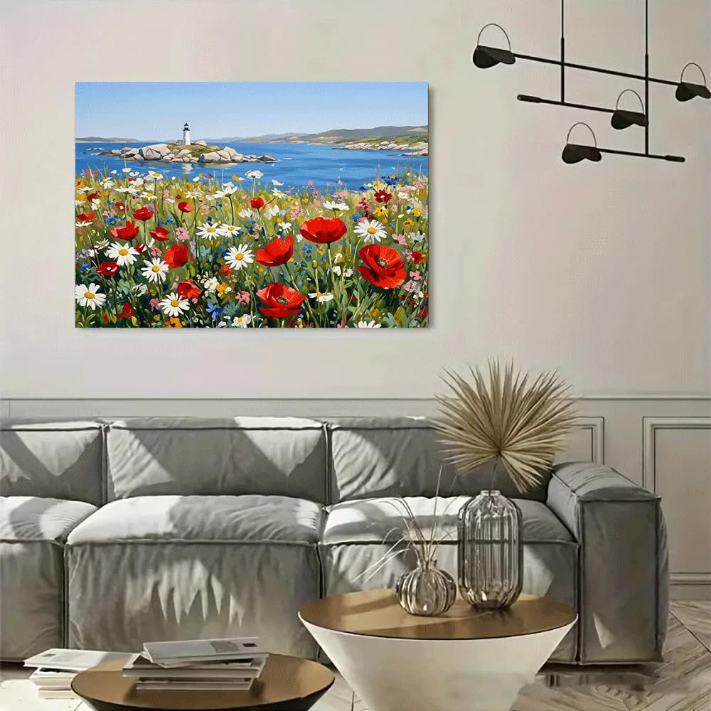 GKUVBF Affiche murale décorative représentant un phare côtier estival, des fleurs sauvages et une vue sur l'océan (60 x 80 cm avec cadre intérieur).