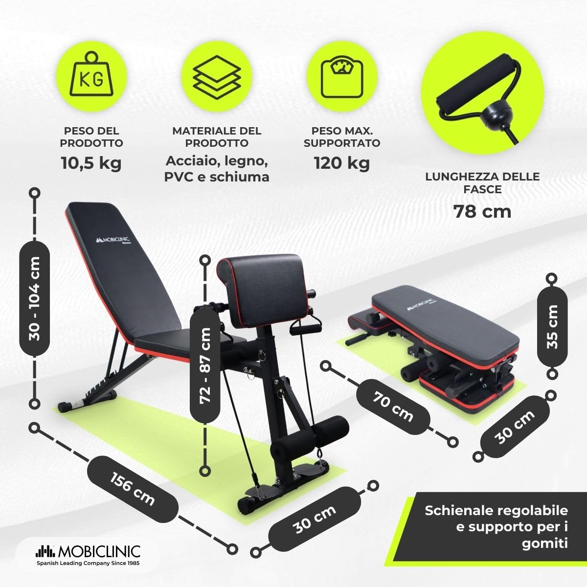 Mobiclinic®, Panca Palestra, Nastro di Resistenza, Pieghevole, Con Ruote, Multifunzione, Stampa di Banca, Regolabile, Declinabile e Inclinabile, Fino a 120kg, Planefit, Palestra Domestica