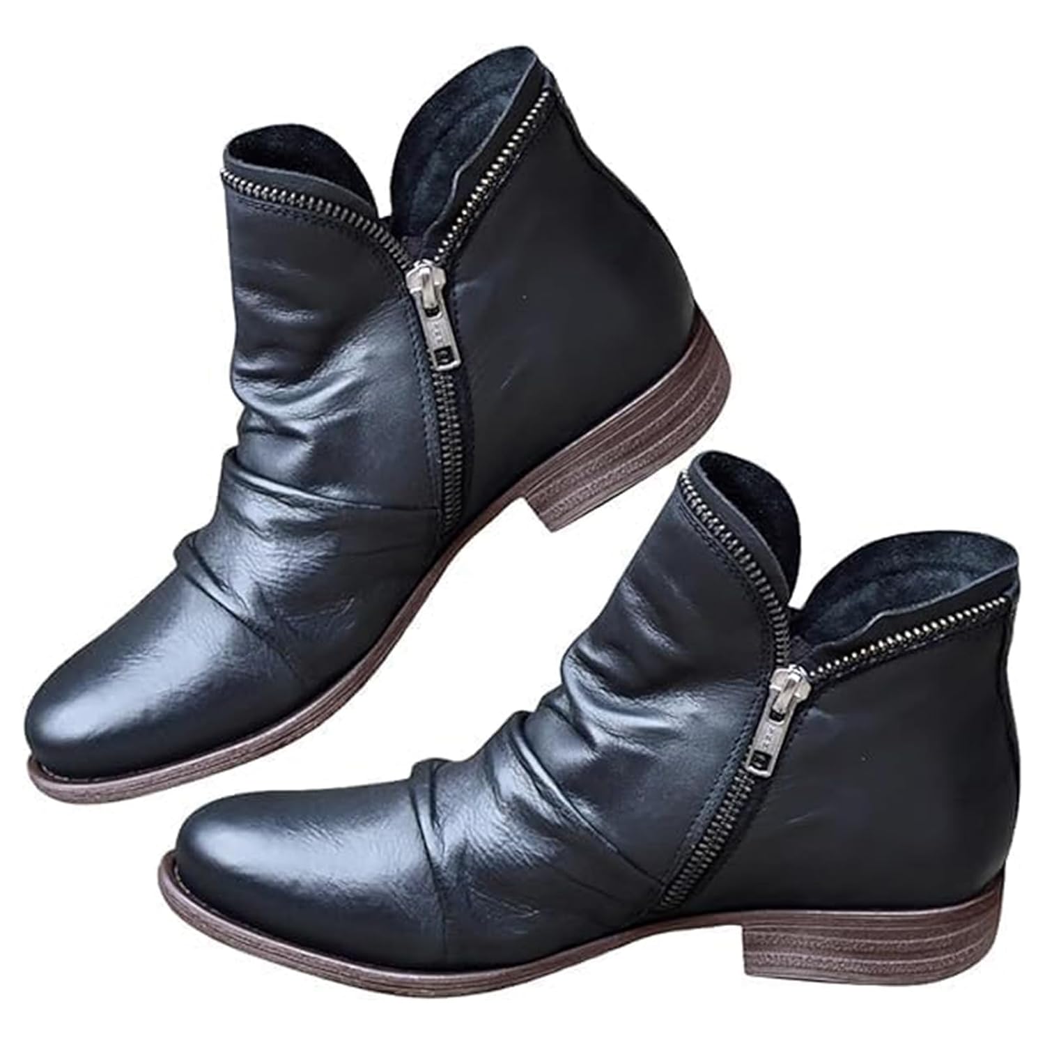 Ankle Booties for Women Winter Warm Fur Lined Leather Short Boots Ladies Comfortable Low Heeled Ankle Boot Casual