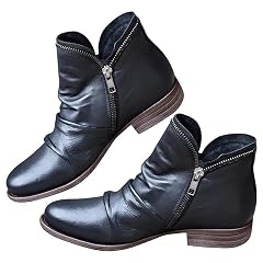 Womens Casual Short Ankle Boots Side Zipper Vintage Leather Damping Shoes Comfortable Low Block Heel Dress Shoes Closed