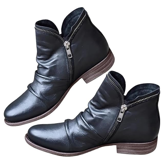 Ankle Booties for Women Winter Warm Fur Lined Leather Short Boots Ladies Comfortable Low Heeled Ankle Boot Casual