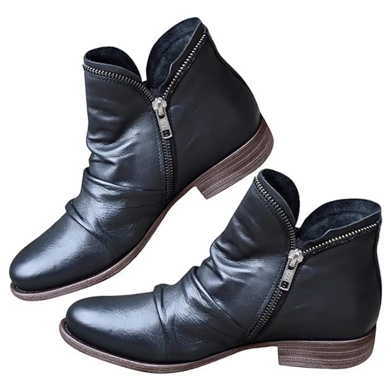 Womens Casual Short Ankle Boots Side Zipper Vintage Leather Damping Shoes Comfortable Low Block Heel Dress Shoes Closed