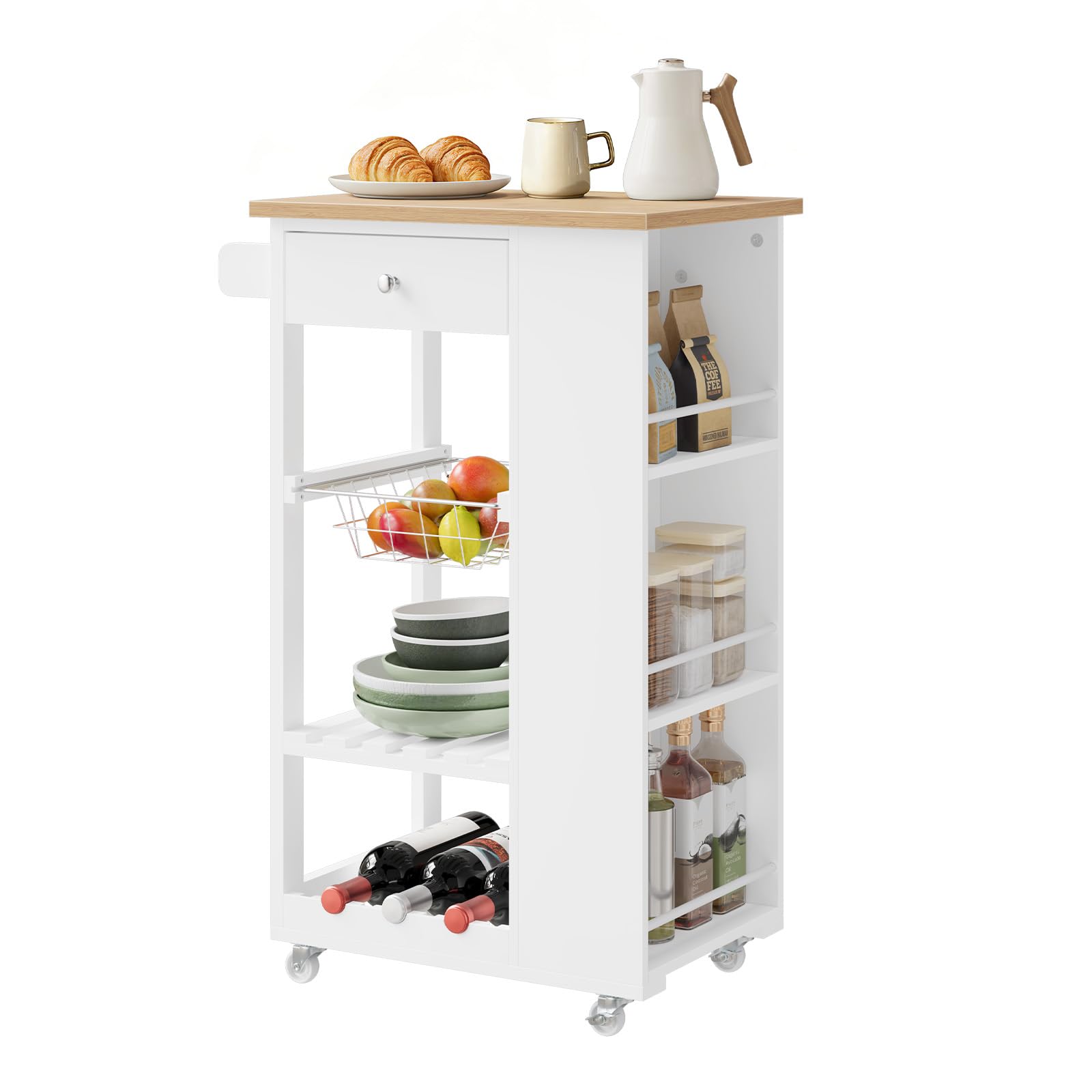 WOLTU Carrello Cucina con Cassetto, Cestino, Portabottiglie e 3 Ripiani Laterali, Mobiletto Salvaspazio con Ruote Girevoli, per Cucina, Sala da Pranzo e Soggiorno, Colore Bambù + Bianco