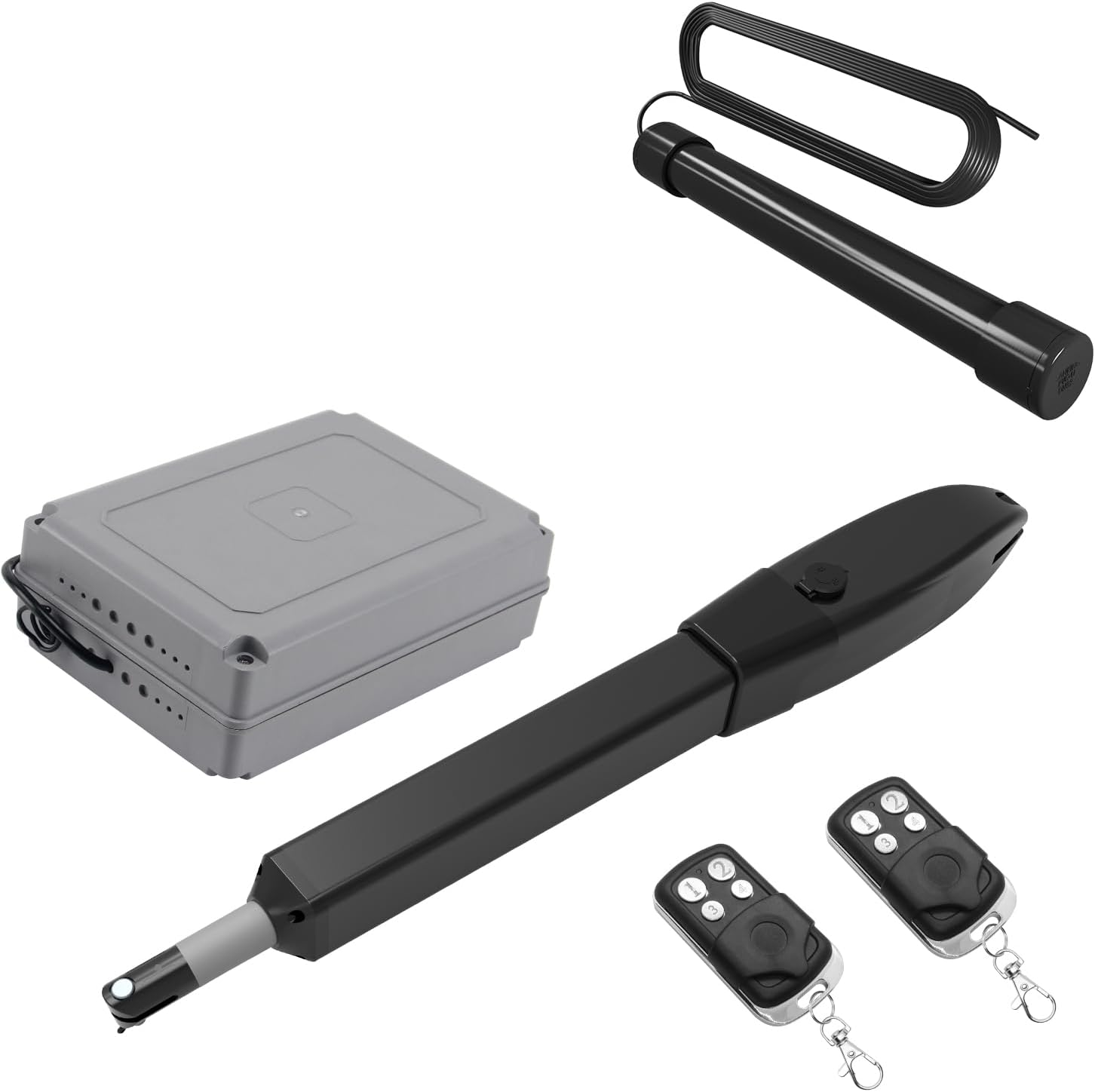 JUJIANG Automatic Gate Opener with Remote Complete Kit + Vehicle Sensor Exit Wand for Swing Gate Up to770lb per Arm, Electric Gate Opener Light Duty Single Swing Gate Opener 60W AC Powered PKM-C026