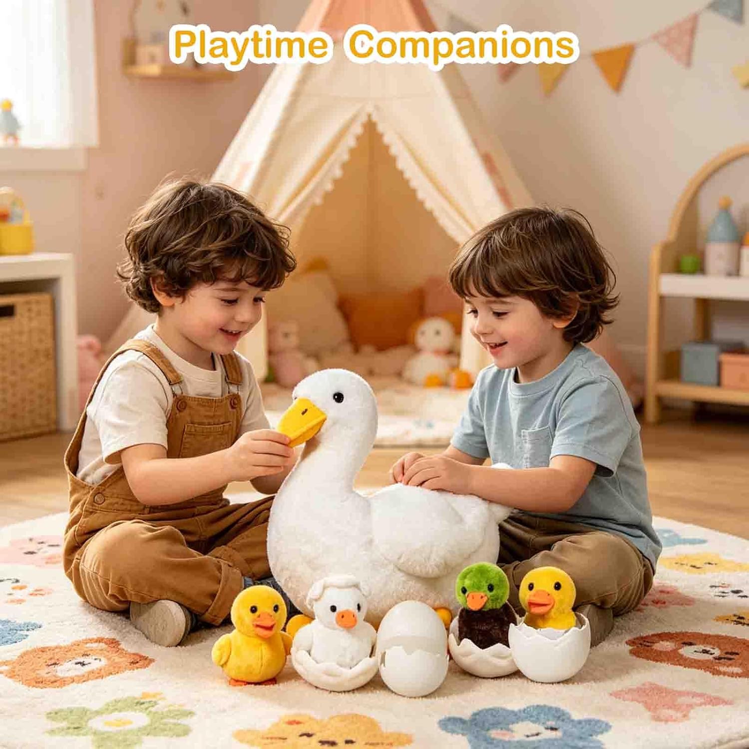 7 in 1 Duck Stuffed Animal, 12" Zippered Mommy Stuffed Duck Toy with 4 Baby Ducklings and Eggs, Soft White Duck Plushie Pillow for Kids Christmas Birthday Gift Farm Party