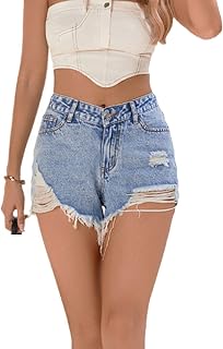 Silunma2021 Women's Washed Frayed Raw Shorts Stretchy Ripped Denim Shorts High Waisted Button Front Summer Shorts