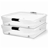 HOMZ 2-Pack Under Bed Storage, Clear Plastic Containers with Lids, 56 Quart, Gray Latch - Stackable Underbed Organizer Bins for Shoes, Bags, Clothes, and Towels