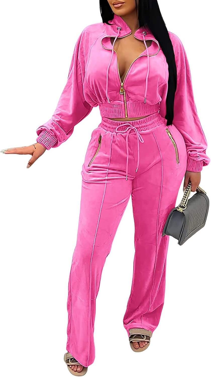 Adogirl Women 2 Piece Outfits Velour Sweatsuit Jogging Suit Full Zipper Sweatshirt + Wide Leg Sweatpants Tracksuit Lounge Set
