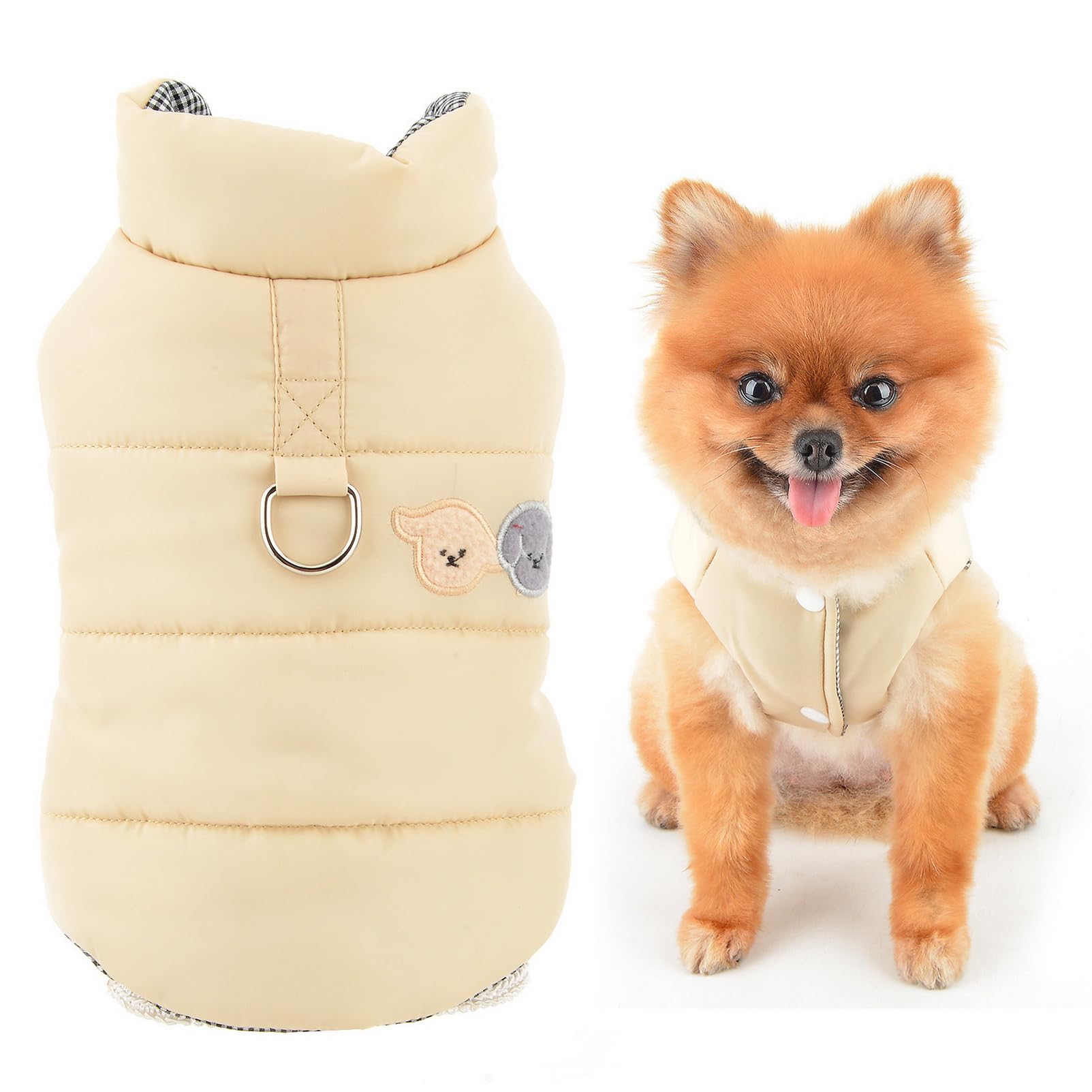 SMALLLEE_LUCKY_STORE Fleece Lined Dog Coat for Small Dog, Solid Pet Jacket with Cartoon Patch and D-ring, Windproof Warm Winter Fall Padded Chihuahua Yorkie Snowsuit Cat Apparel, Khaki, XXL