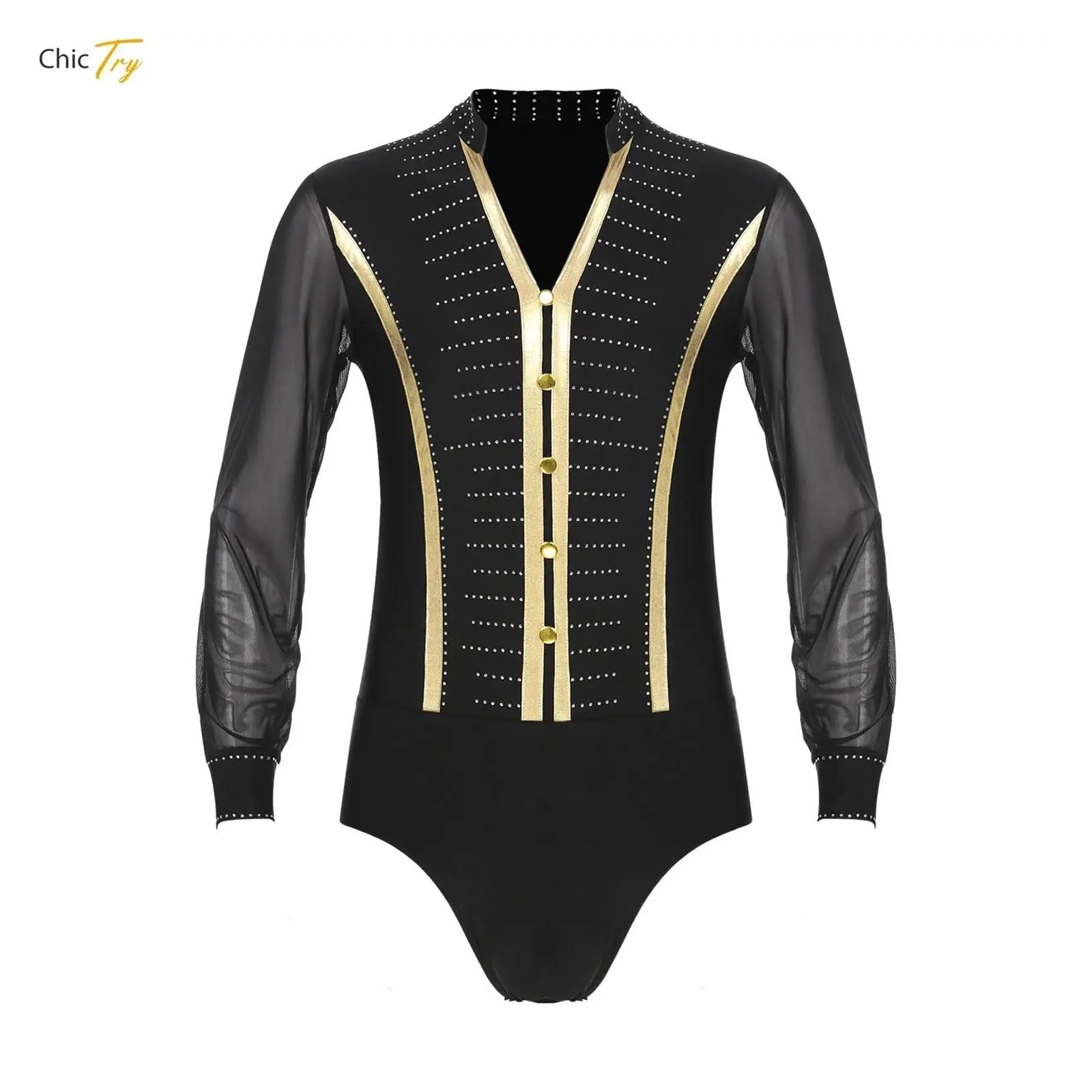 Hombre Camisa De Danza Camisa de baile latino con diamantes de imitación for hombre, mono, trajes de baile de salón, cha cha rumba, mono de manga larga, ropa de práctica latina(Black,M)