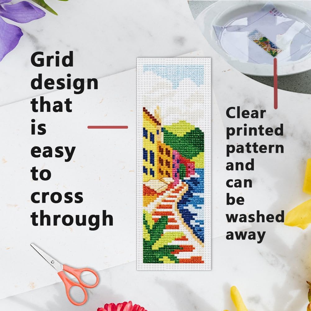 INFUNLY 6pcs Scenery Cross Stitch Bookmark Kit DIY Beach Stamped Embroidery Bookmark Kits 8.7×3.2" Mountain Needlepoint Kit with Instruction Town Easy Cross Stitch Kits for Book Lovers Readers