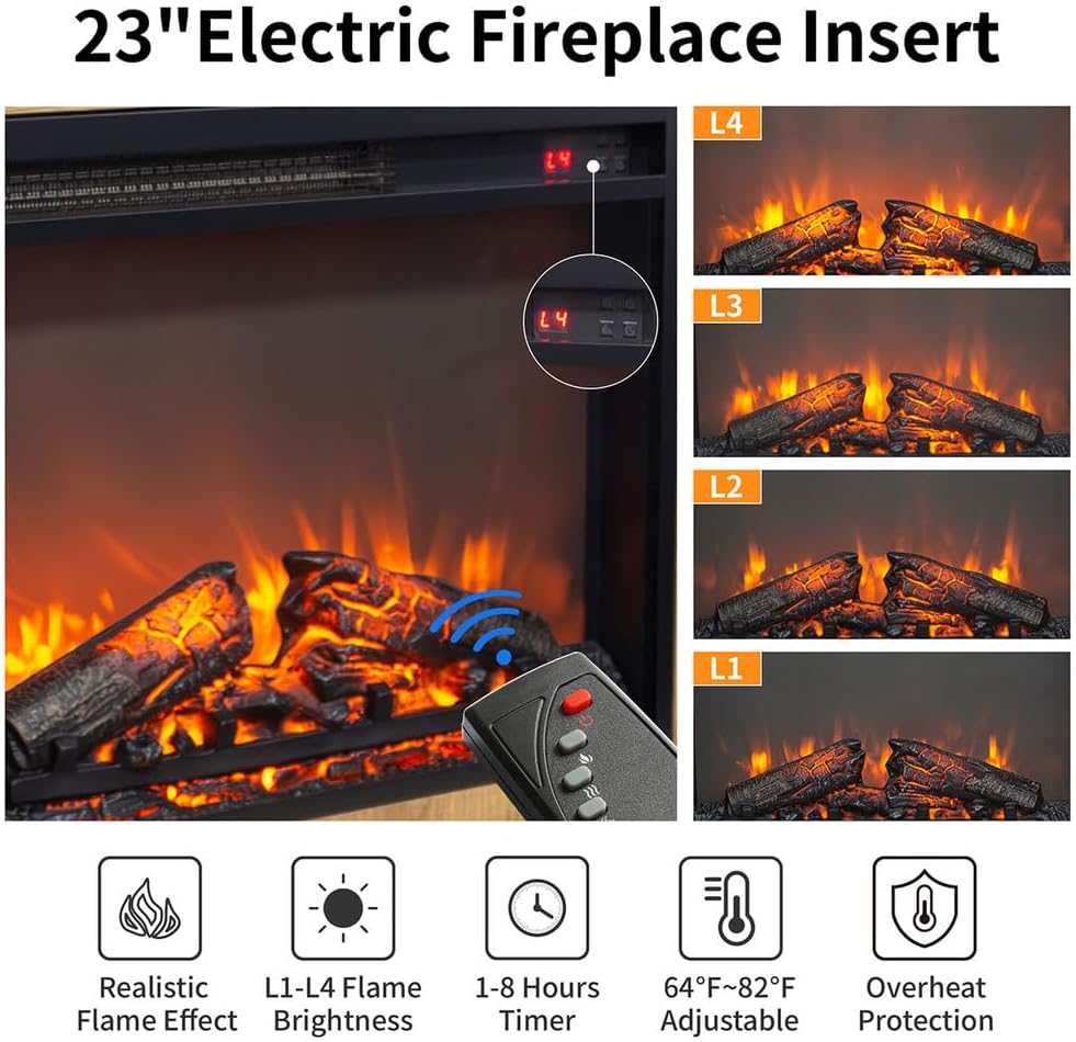 28" Farmhouse Electric Fireplace with Mantel, 1500W Heater Insert with Remote Control, Adjustable 3D Flame Brightness, Timer & Safety Protection, Freestanding Fireplace Heater for Living Room