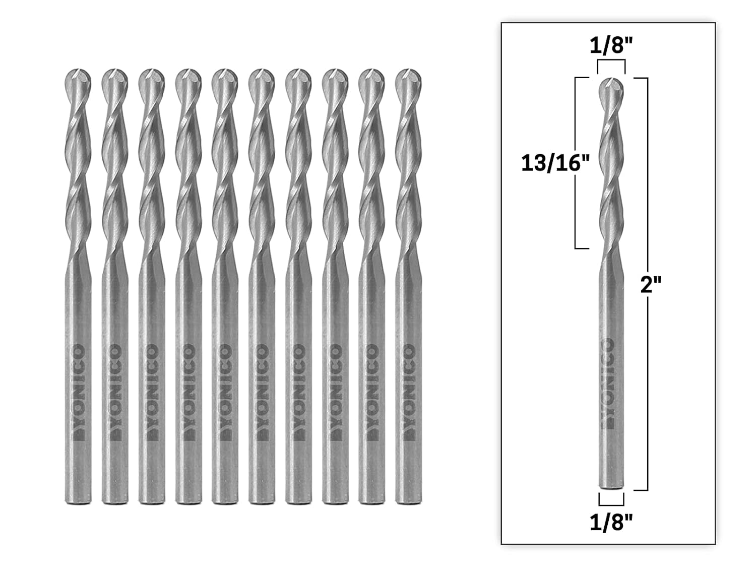 YONICO Carbide Ball Nose End Mill CNC Router Bits 2 Flute Spiral (10 Pack) 1/8-Inch Dia. 1/8-Inch Shank 34201-SC-10PK