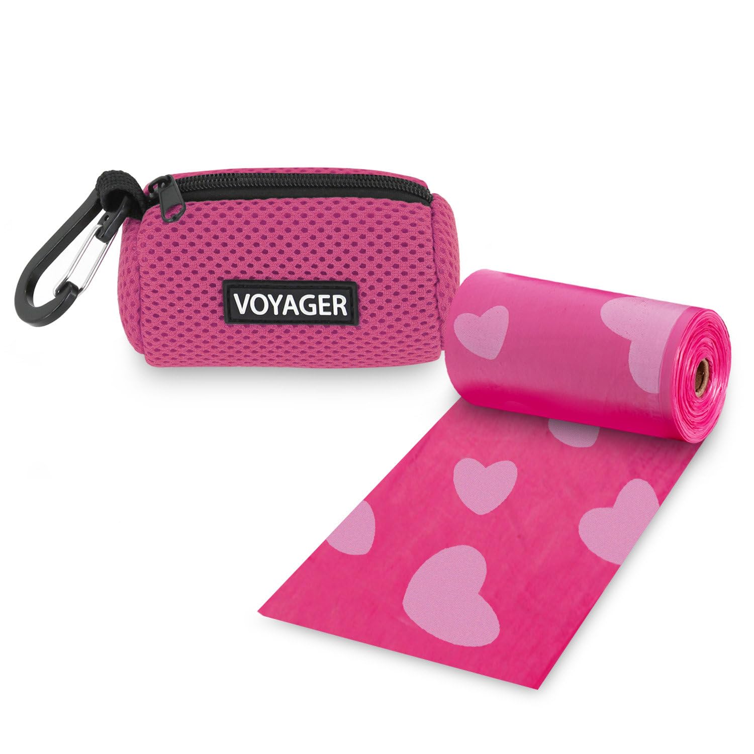 Best Pet Supplies Dog Poop Bag Holder Leash Attachment with 15 Bags, Fuchsia, Reusable Mesh Dispenser Pouch for Travel, Walking, Park, and Outdoor Use, Soft and Durable with Clip-On