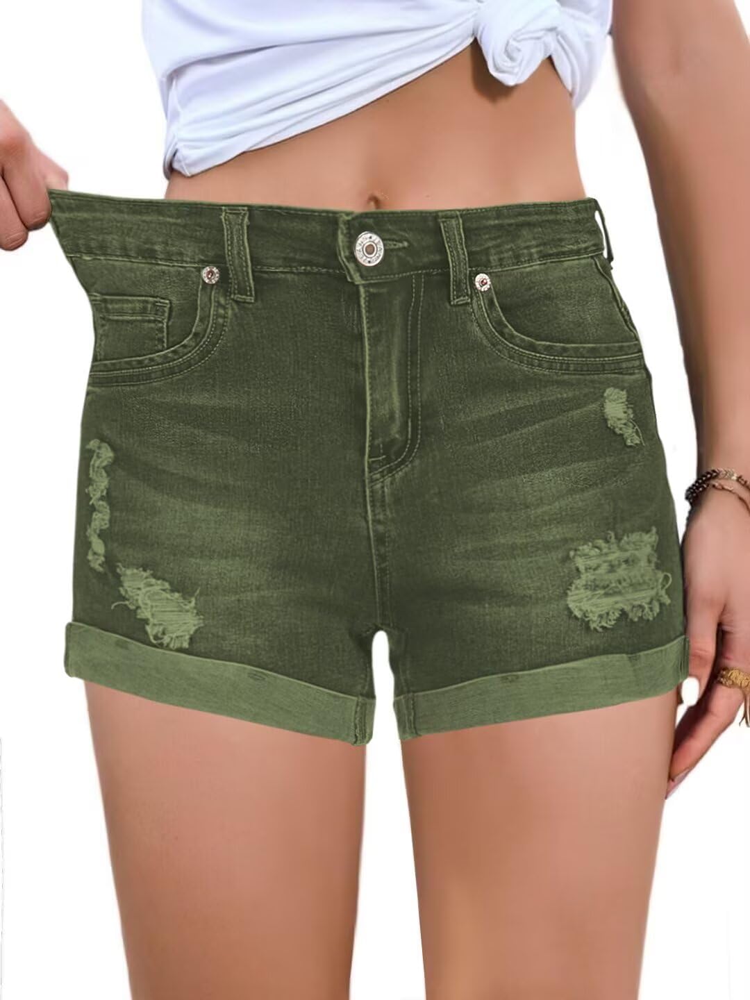FEKOAFE 2025 Womens Casual Mid/High Waisted Denim Shorts Summer Stretchy Ripped Jean Shorts for Women