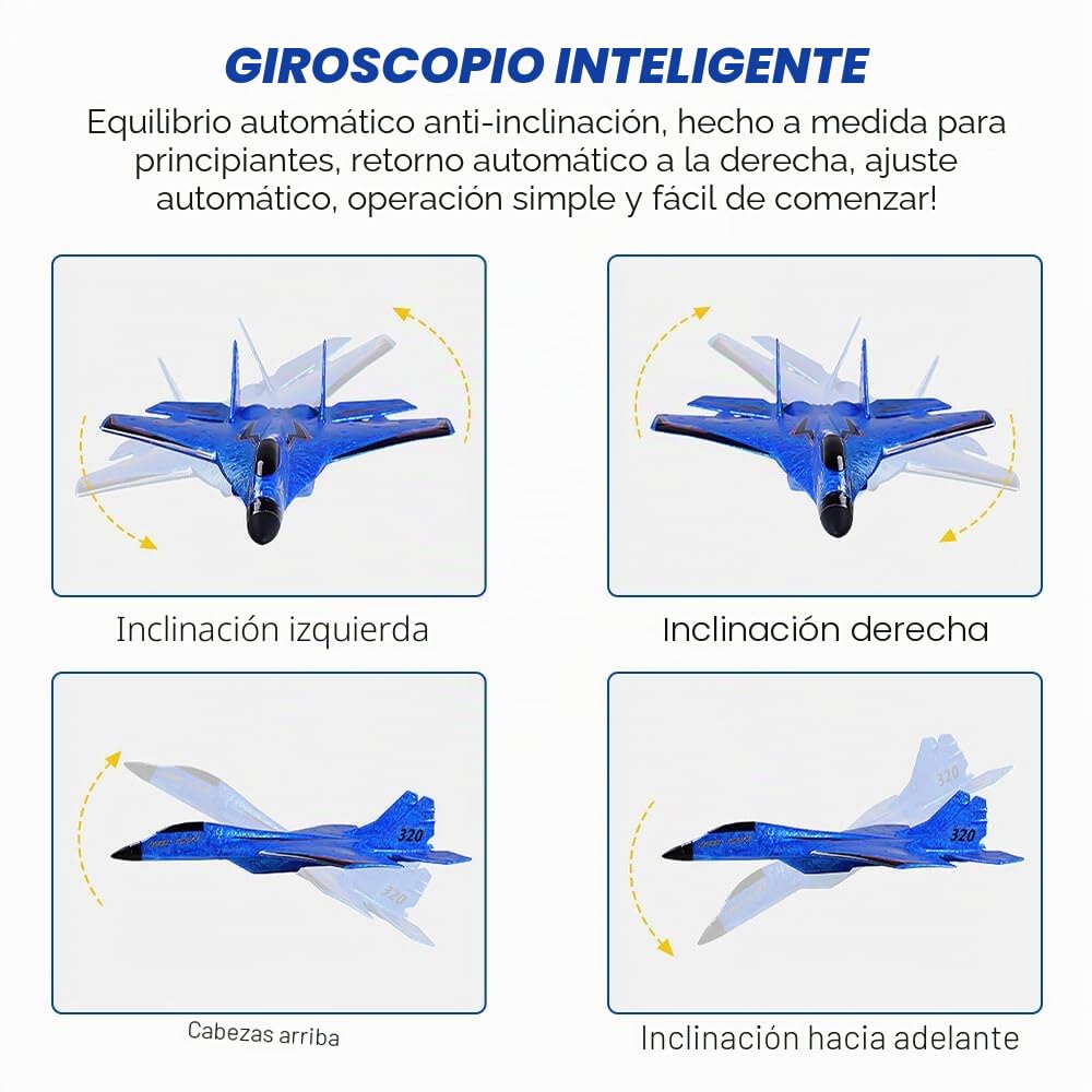 Avión teledirigido 2,4 GHz de caza, 2 CV teledirigido, juguete RC planeador volador para niños, principiantes (azul)
