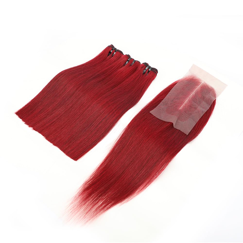 99j Bone Straight Vietnam Virgin Human Hair 3 Bundles with Kim K 2 * 6 Closure, Best Raw Hair 15A Hair Extension Burgundy, 100% Unprocessed Premium Raw Hair for Black Women (14''14''14'' + 10'')