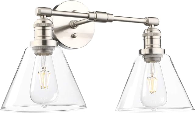 Phansthy Dual Light Vintage Wall Light 7.1" Diameter Funnel Glass Industrial Wall Sconce for Kitchen Living Room Hallway Bedroom Vanity Mirror Double Head Decorative Light (Brushed)