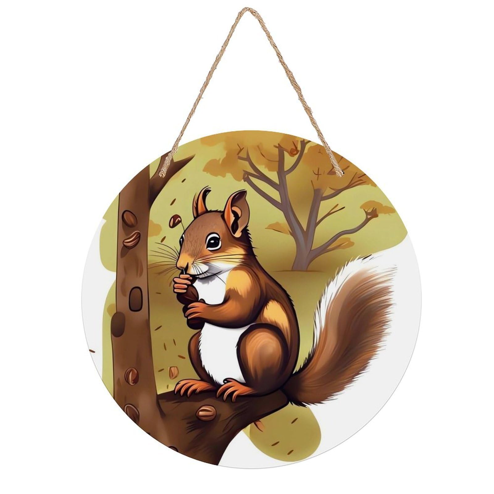 LZQPOEAS Nut-eating Squirrel Round Wood Wall Art Painting, 7.9 Inch Circular Wooden Door Hanger Decorative Paintings, Rope-Hanging Wooden Wall Plaque for Home Decor And Office Party