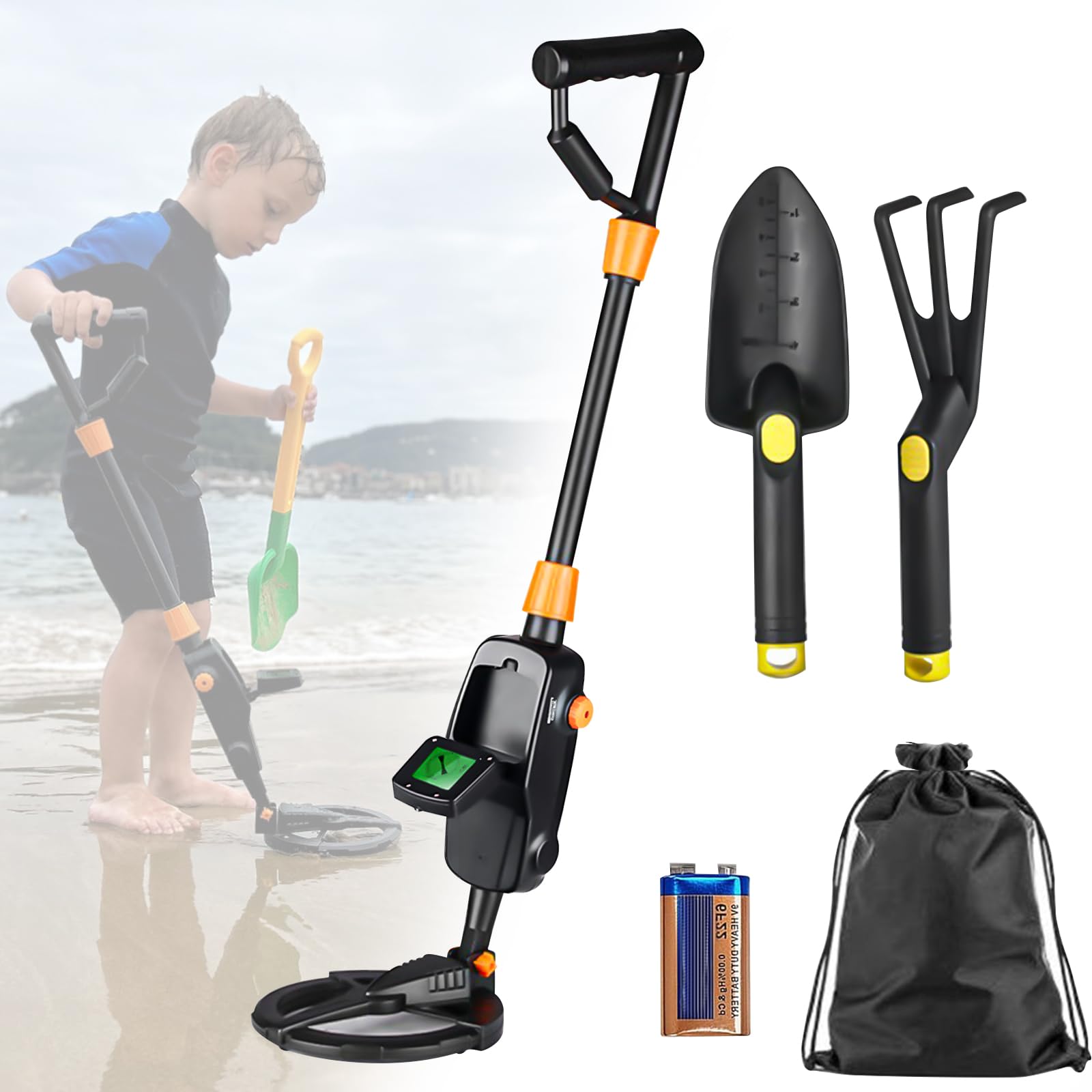 Metal Detector per Bambini, Display LCD e Indicatore Acustico, Ad Alta Sensibilità, con Pala, Rastrello e Borsa, per Regalo Principianti E Bambino