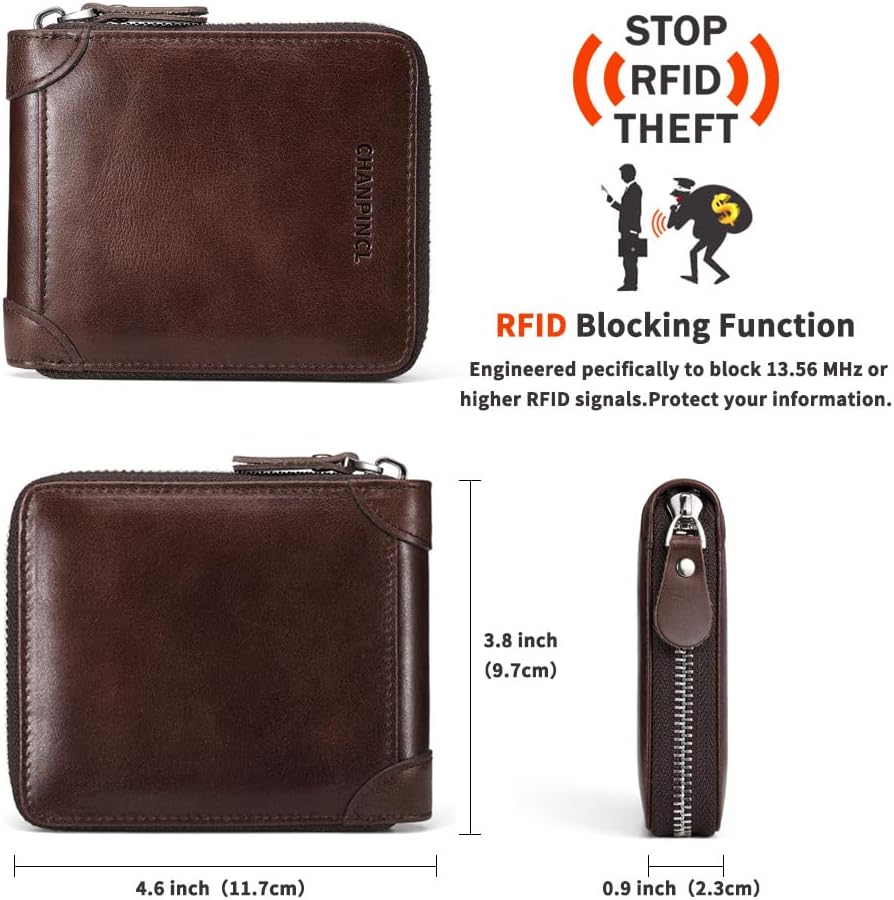 Mens Genuine Leather Zipper Wallet RFID Secure Large Capacity Double Fold Multi-card Leather Wallets for Men and coin purse - Image 2
