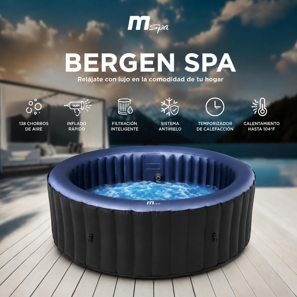MSpa Bergen SPA Hinchable Circular 4-6 Personas con hidromasaje Air Jet, calefacción, filtración Inteligente y desinfección UVC
