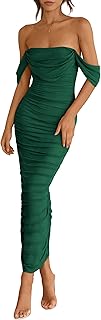Womens 2025 Summer Off The Shoulder Dress Ruched Bodycon Sleeveless Split Cocktail Party Maxi Dresses - Buy now