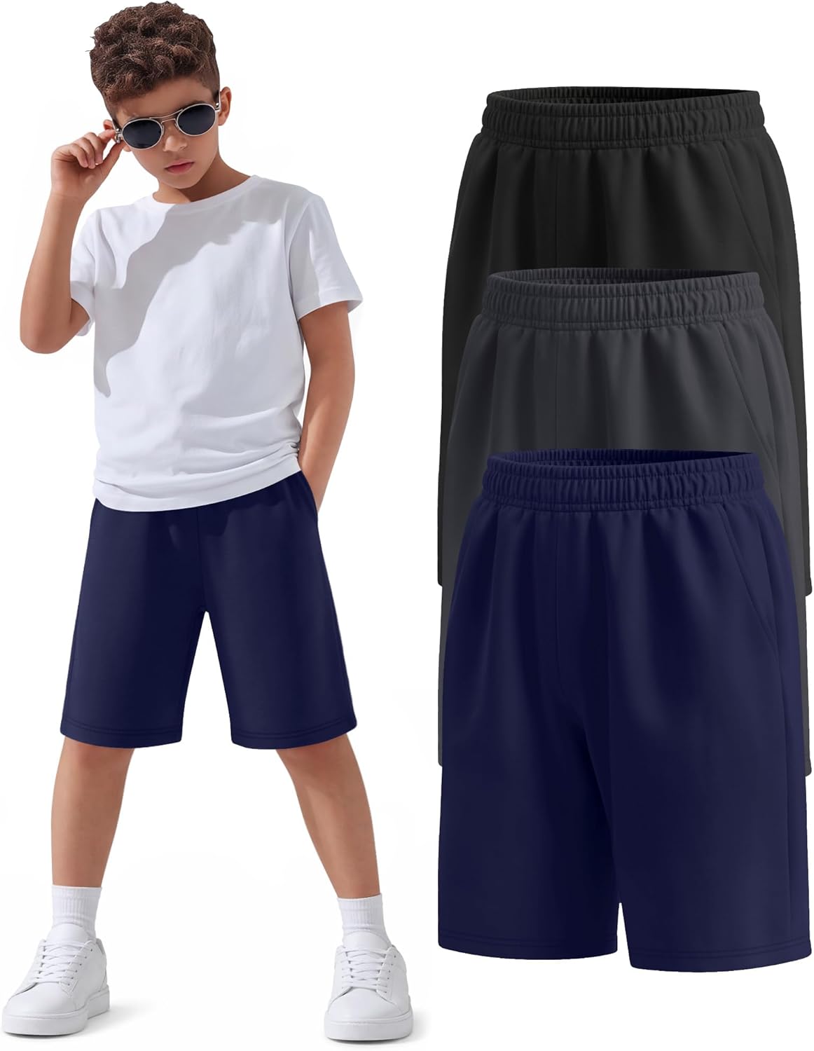 3 Pack Boys Shorts Bermuda Kids Athletic Pull On Youth Knee Length Summer Casual Sweat Shorts Pockets 5-16 Years