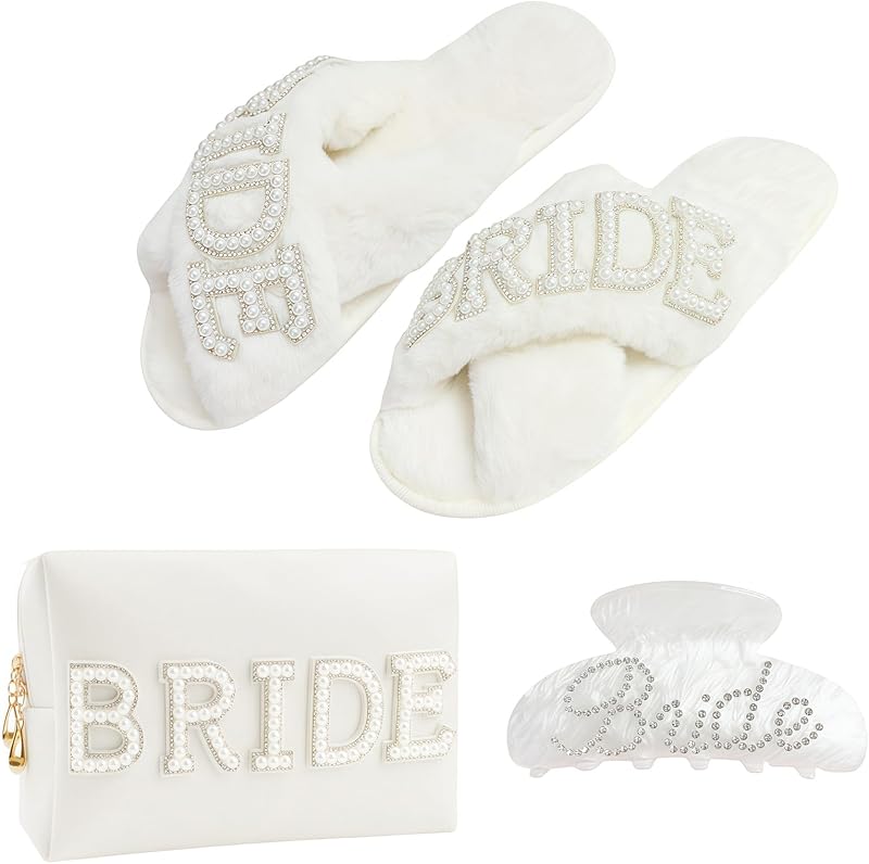 Kovewon Conjunto para noiva com nécessaire, chinelos e presilha de cabelo, BRIDE, branco
