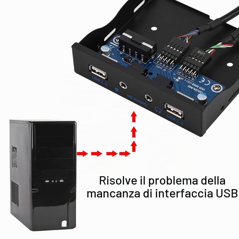 Bewinner Pannello Frontale Multifunzionale, Usb2.0 HD-Audio Pannello Frontale Floppy da 3,5" 9Pin a 2 Interfaccia Usb2.0 con Spina Audio Mic, Costruzione in Metallo Resistente, Resistente all'Usura