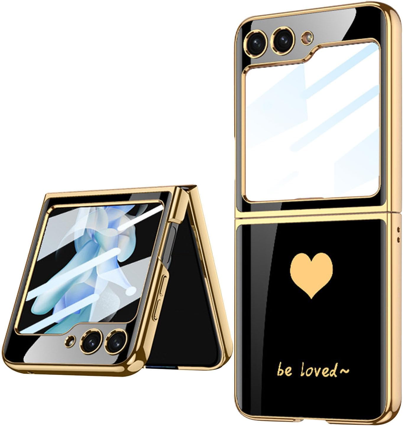 Luxury Plating Love Heart Case for Samsung Galaxy Z Flip 5, Ultra-Thin Fashion Electroplating Color Painting Tempered Glass Phone Case for Samsung Galaxy Z Flip 5 5G 2023