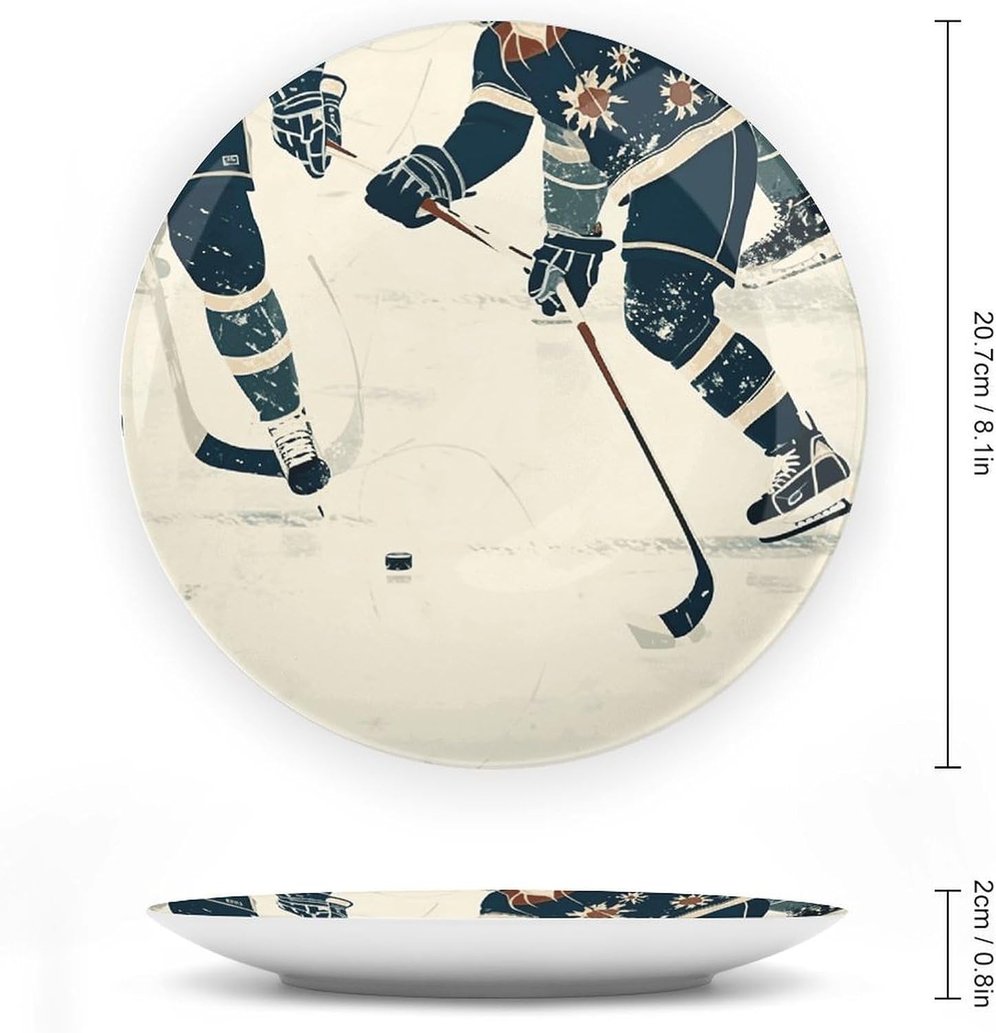 Ice Hockey Pattern Bone China Decorative Plate with Display Stand, Ceramic Ornaments Plate for Wall Hanging, Personalized Porcelain Plates for Office, Living Room 8inch