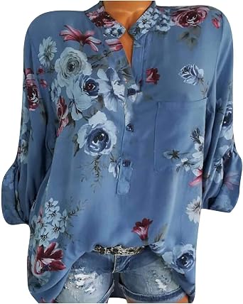 Plus Size Tops for Women Elegant Floral Print Long Sleeve Button V Neck Shirts Summer Loose Casual T-Shirts Blouses
