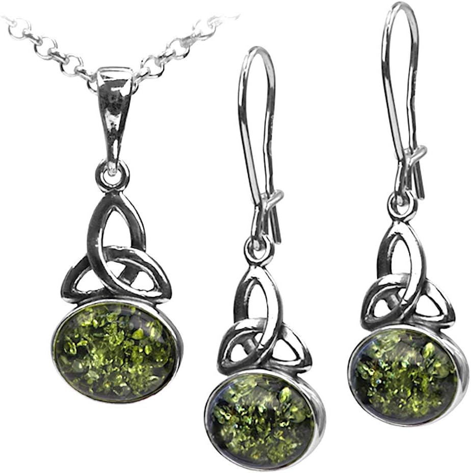 Ian and Valeri Co. Green Amber Sterling Silver Celtic Oval Pendant Earrings Necklace 18 inches