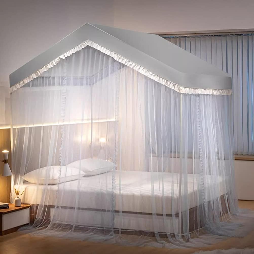 Mosquito Net with Metal Support, Decorative Bed Curtains for Castle-Shaped Single and Double Beds (Gray 1)