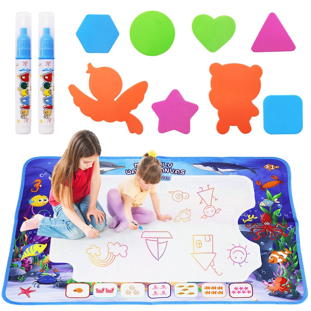 Water Drawing Mat with Rainbow Color Swatches,Children Magic Water Drawing Mat Board，80 x 60 cm, Magic Doodle Painting Pad with 2 Pens and 8 Stamps, Educational Toy for Children 3+ Years