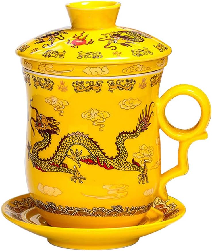 4pcs kit of Chinese Dragon Pattern Tea-Mug for Travel Office with Strainer Infuser and Lid and Saucer Ceramic Tea Mug Convenient System Chinese Jingdezhen Porcelain Personal Tea Cup,350ml