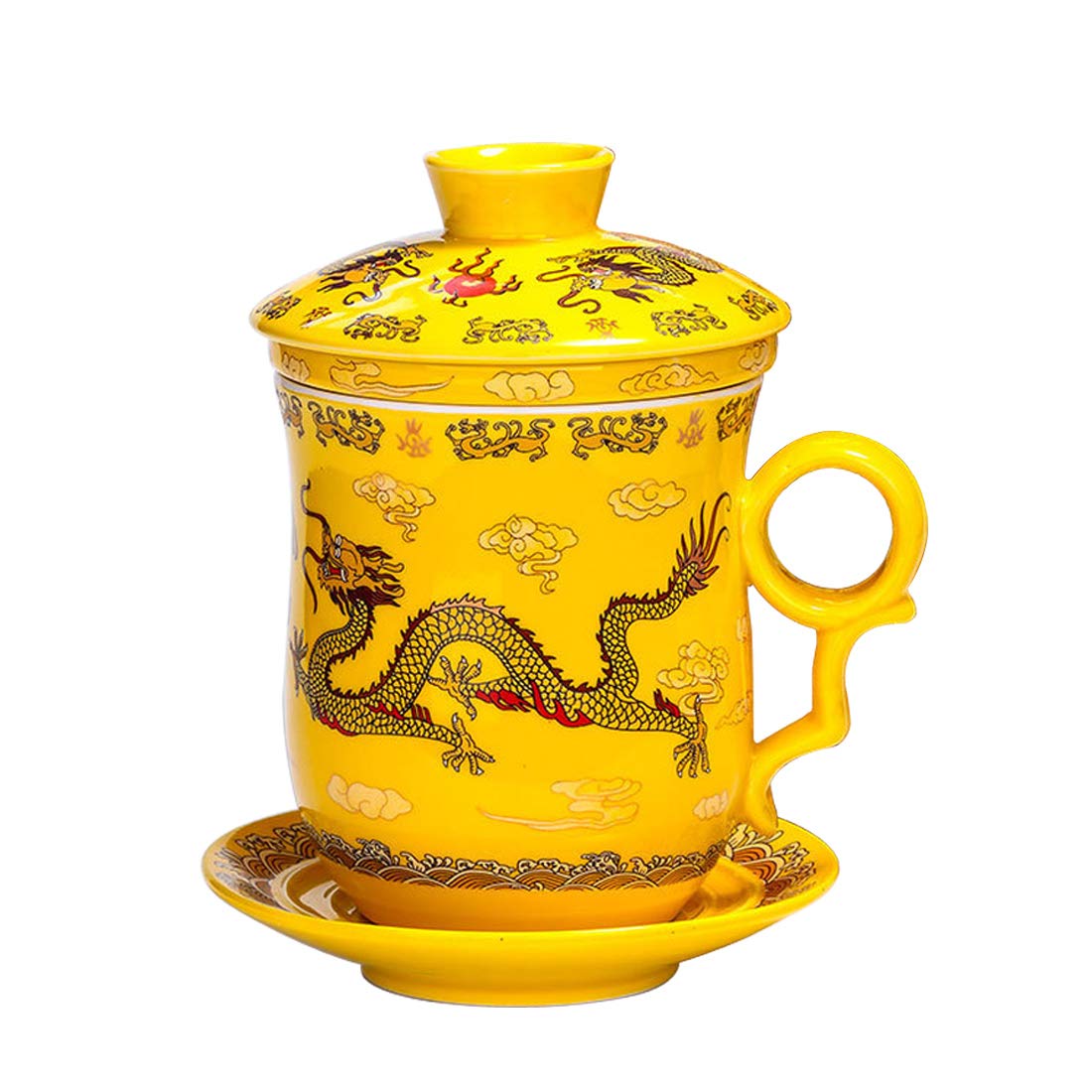 MULHUE 4pcs kit of Chinese Dragon Pattern Tea-Mug for Travel Office with Strainer Infuser and Lid and Saucer Ceramic Tea Mug Convenient System Chinese Jingdezhen Porcelain Personal Tea Cup,350ml