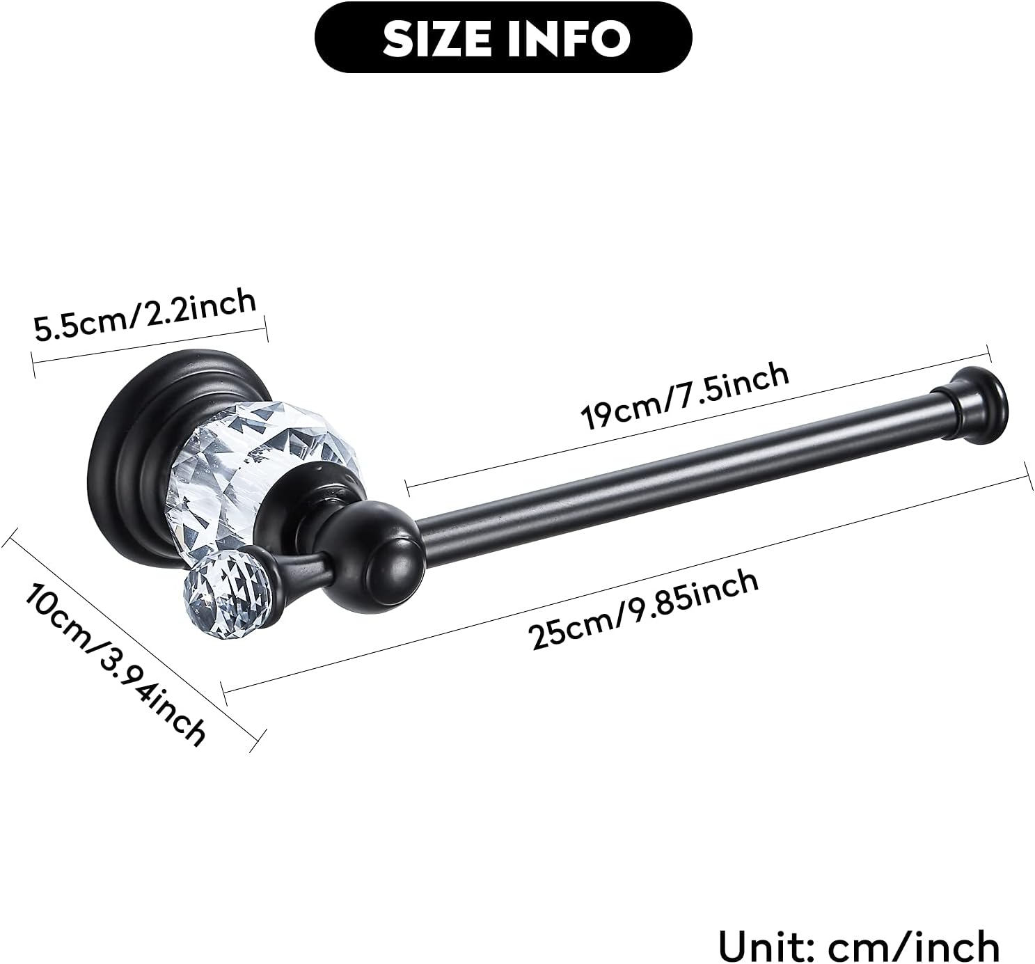 BATHSIR Crystal Toilet Paper Holder, Black Toilet Roll Holder Modern Bathroom Accessories Zinc Alloy Tissue Hanger Wall Mounted