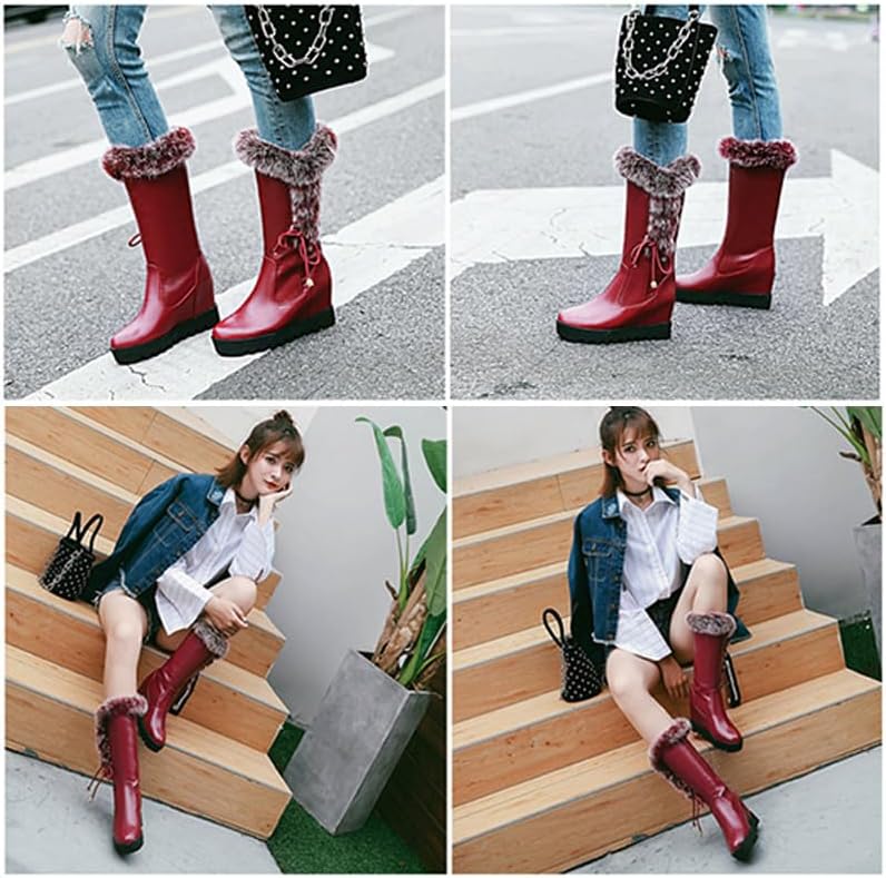 Women's Mid-Calf Winter Platform Hidden Wedge Boots Slip-on Thick Rabbit Fur Collar Warm Waterproof Stretch Leather Non-slip Snow Boot - Image 6
