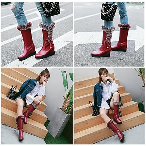 Devileyeze Women'S Mid-Calf Winter Platform Hidden Wedge Boots Slip-On Thick Rabbit Fur Collar Warm Waterproof Stretch Leather Non-Slip Snow Boot  thumb #6