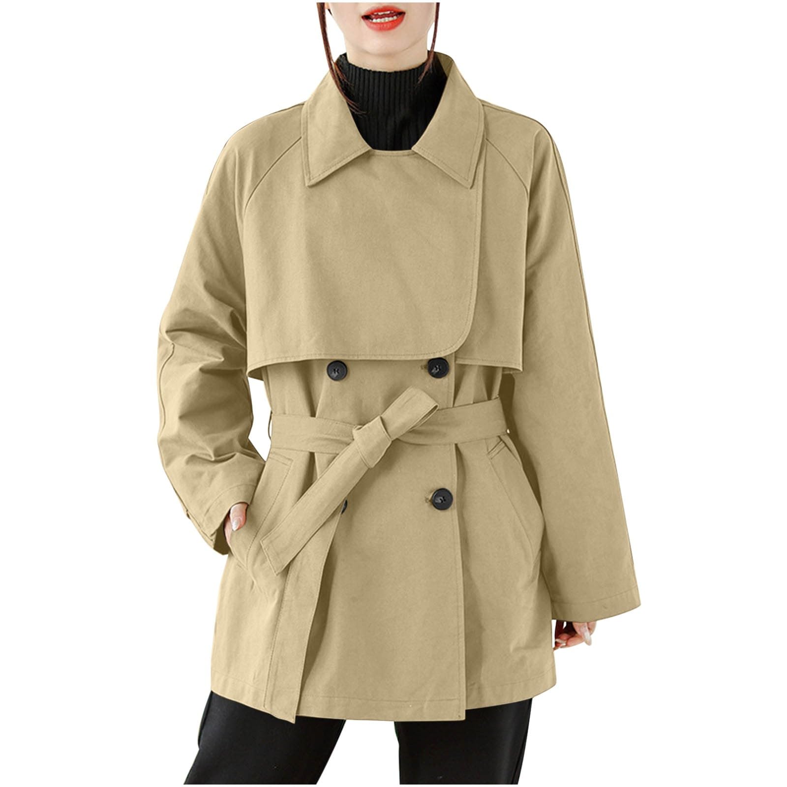 Cropped Trench Coat for Women Double Breasted Long Sleeve Notched Lapel Casual Loose Fit Jackets with Pockets