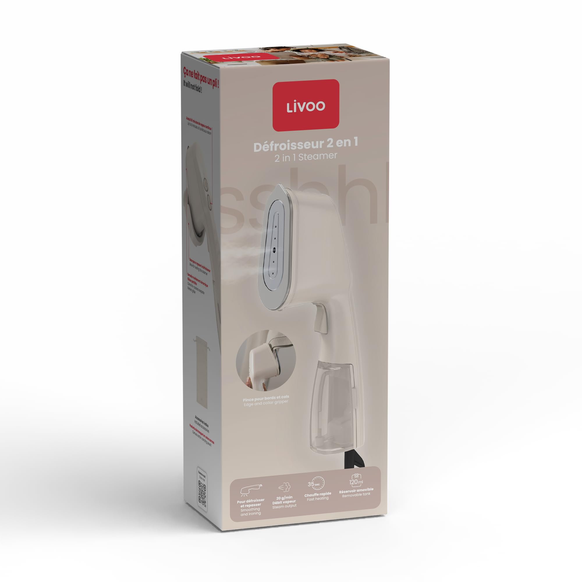 Livoo - Parownica do ubrań 2 w 1 DOM535C - 1200 W, 20g/min, 120 mL, kabel 1,85 m