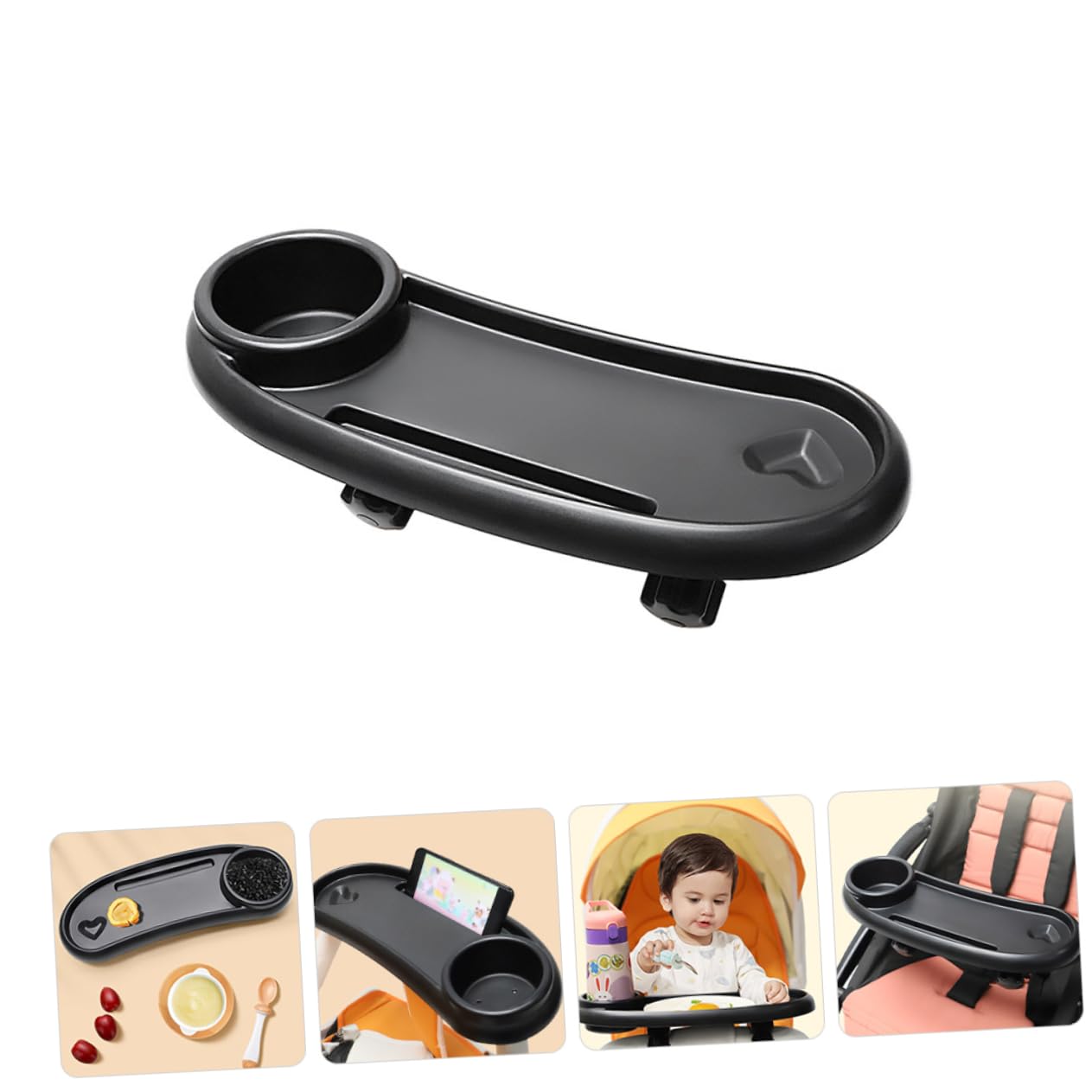 Plateau de Poussette avec Porte-gobelet, en Plastique Noir pour Bébé | Installation Simple et Stable, Facile à Nettoyer, Accessoire pour Poussette et Charriot Bébé