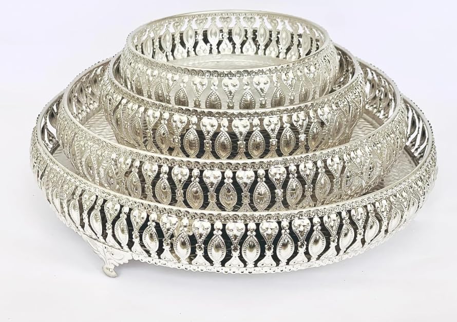 Image of Decorative German Silver Tray Square Set of 4 Sets Designer Set Trays I Gifting Trays Set [Display for Home Wedding and Festive Decor Size 10 inch 8 inch 6 inch 4 inch