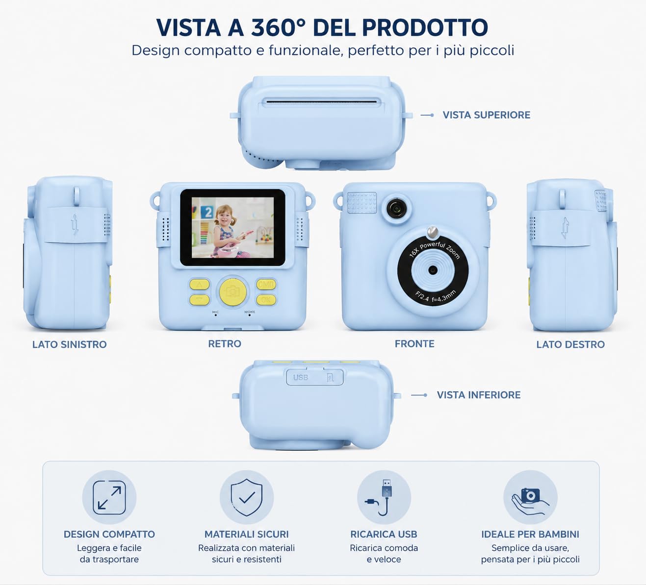 Fotocamera Istantanea Digitale per Bambini con Stampa Termica con 3 ROTOLI piu di 150 Foto, Registra i Video, Modalità MP3, Playback Multimediale e Giochi Integrati (Azzurro)
